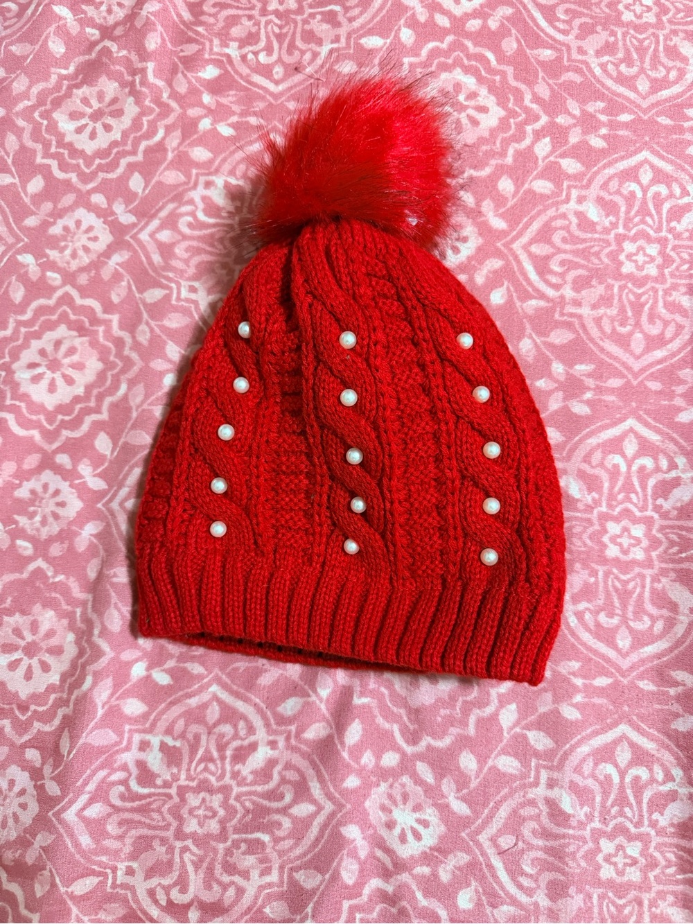 Kids Red Knit Pom-Pom Beanie with Pearls